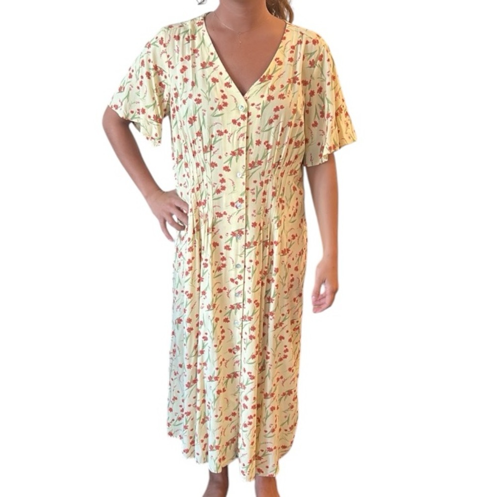 Joe Fresh Pintuck Yellow Floral Short Sleeves Midi Dress Size M
